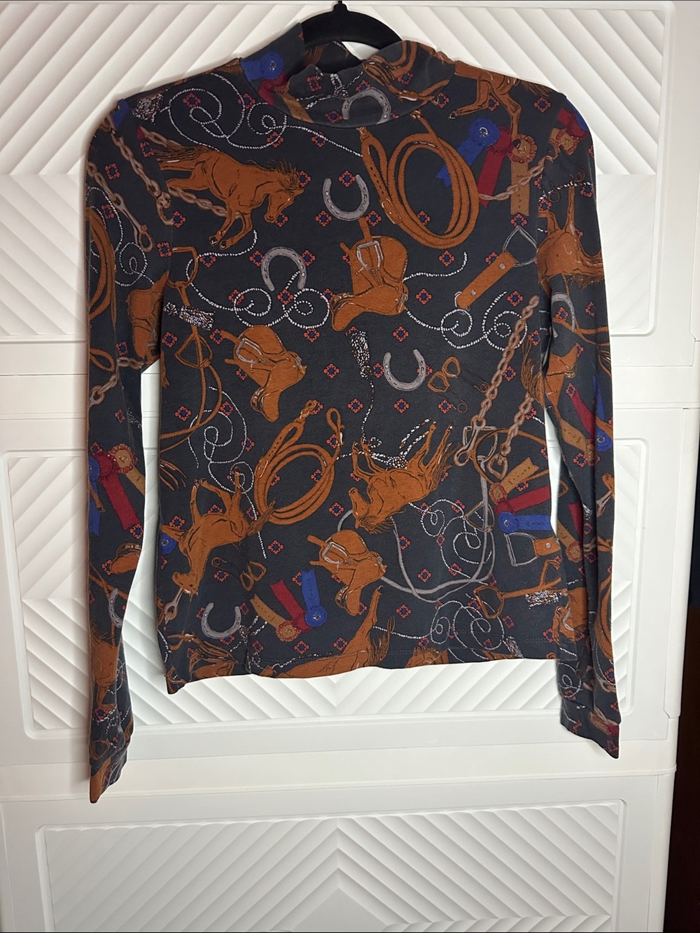 Anthropologie Black Mock Neck Long-Sleeve Tee with Brown Equestrian Print